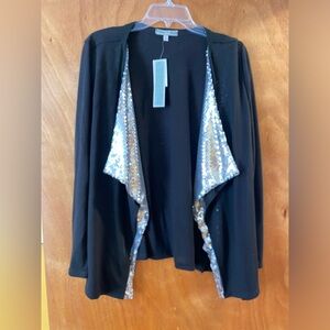 Womens Black with Silver Sequin Lapels Open Cardigan - Size L